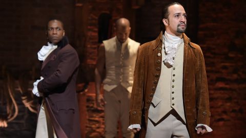 Actor Leslie Odom Jr., left,  and actor-composer Lin-Manuel Miranda on stage during the "Hamilton" performance at the Grammys on February 15, 2016, in New York City.  