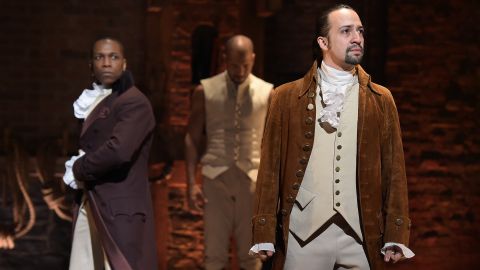 Actor Leslie Odom Jr., left, and actor-composer Lin-Manuel Miranda on stage during the "Hamilton" performance at the Grammys on February 15, 2016, in New York City.