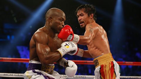 Manny Pacquiao lands a left to the chin of Timothy Bradley Jr. during their welterweight fight in Las Vegas on Saturday, April 9. Pacquiao won a unanimous decision in what he said was the final fight of his career.