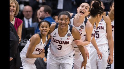 Basketball players from Connecticut celebrate on the bench as they won <a href="http://www.cnn.com/2016/04/06/sport/gallery/ncaa-womens-basketball-championship/index.html" target="_blank">their fourth straight national title</a> on Tuesday, April 5.