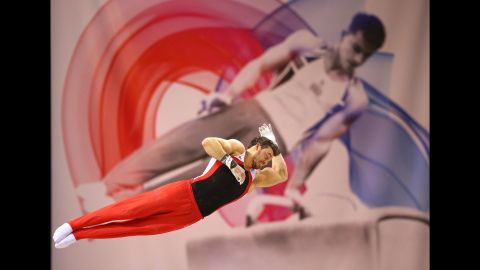 Kristian Thomas competes on the high bar during the British Gymnastics Championships on Sunday, April 10.