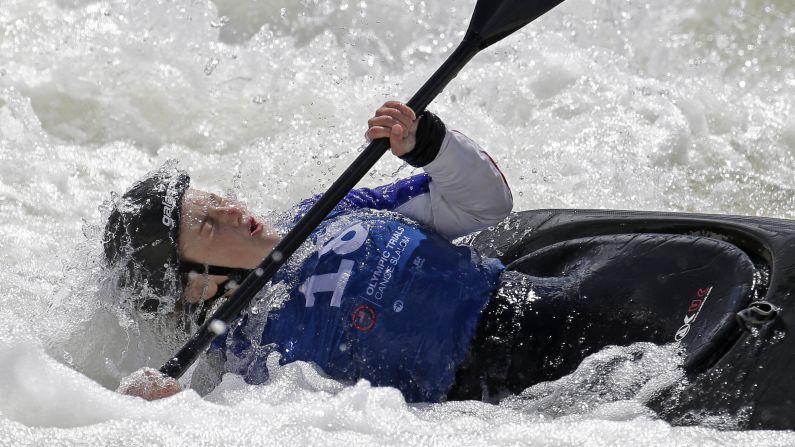 Kayaker Avery Davis pulls herself from the water Friday, April 8, during the first day of Olympic Team Trials in Charlotte, North Carolina.