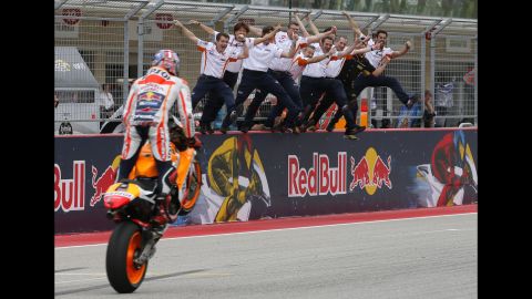 MotoGP rider Marc Marquez celebrates with his team in Austin, Texas, after winning the Grand Prix of the Americas on Sunday, April 10.