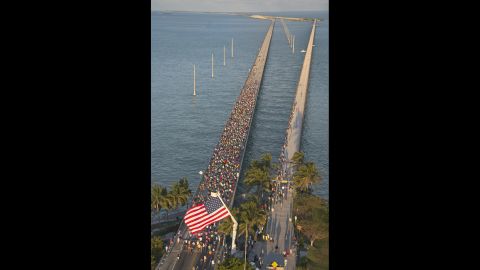 Runners in the Florida Keys begin the Seven Mile Bridge Run on Saturday, April 9.