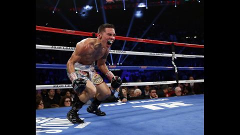 Oscar Valdez celebrates his fourth-round victory over Evgeny Gradovich on Saturday, April 9. Valdez improved his record to 19-0 with the win in Las Vegas.