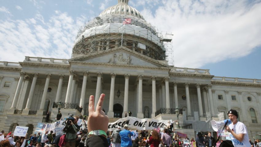 Democracy Spring protesters participate in a sit-in at the U.S. Capitol to protest big money in politics, April 11, 2016 in Washington, DC.