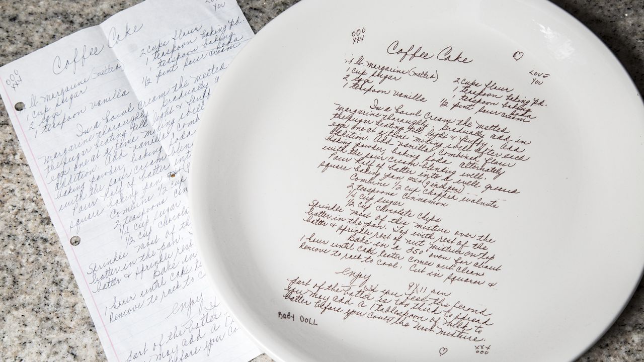 Allison Gilbert's grandmother's "famous" coffee cake recipe is permanently transferred onto a custom-made serving plate.
