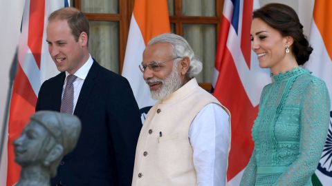 William and Catherine visit with Indian Prime Minister Narendra Modi before a lunch event in New Delhi on April 12.