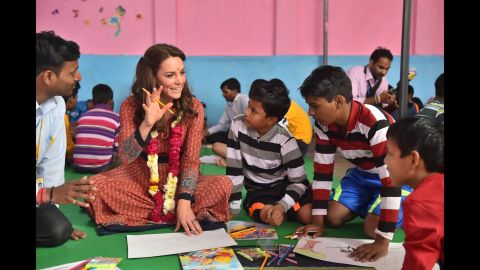 Catherine participates in an art class with children on April 12 at a center run by the charity Salaam Baala in New Delhi.