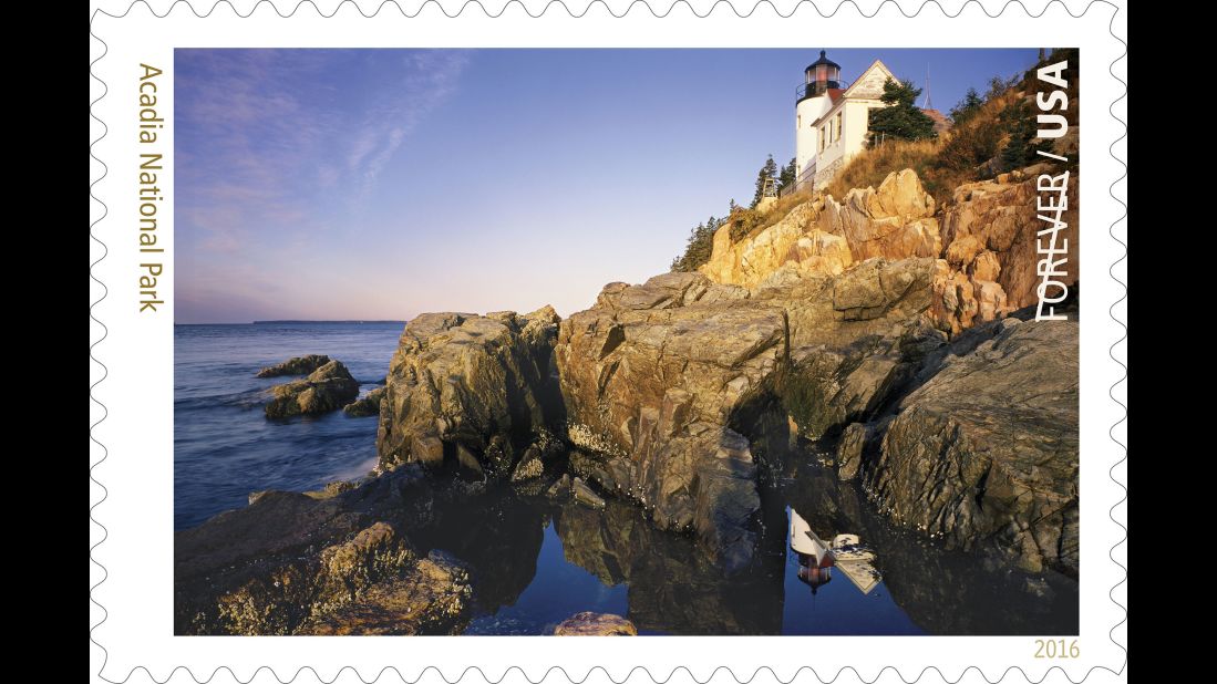 Acadia National Park's Bass Harbor Head Light stars as the first of 16 Forever stamps celebrating the National Park Service's 100th anniversary. The special stamps will be issued June 2 at the once-per-decade World Stamp Show in New York. Click through the gallery to view the rest of the stamps. 
