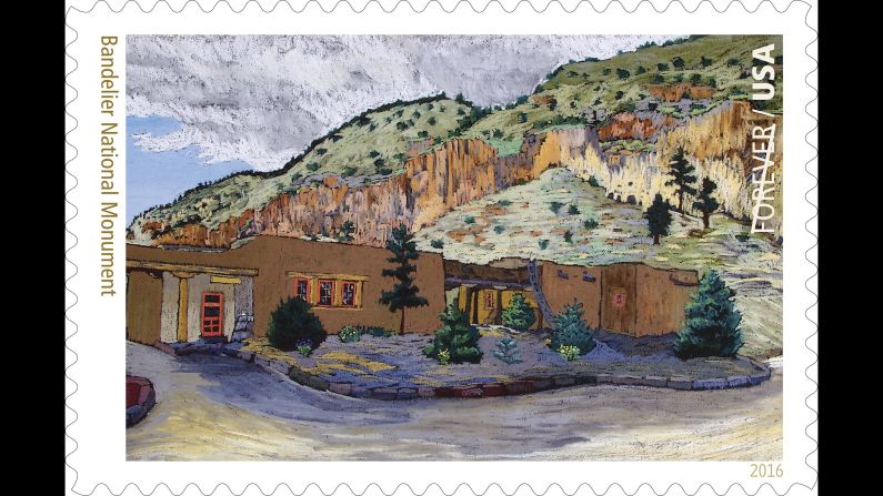 The Pueblo Revival-style visitor center at Frijoles Canyon, part of Bandelier National Monument near Los Alamos, New Mexico, is depicted in a 1930s painting by artist Helmuth Naumer Sr. The center also served as the administration building.