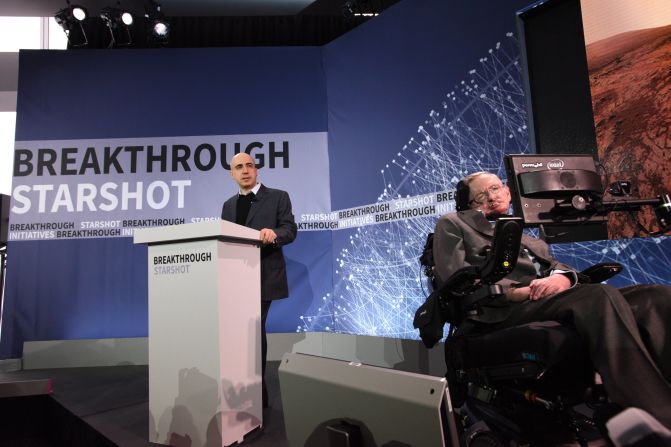 Philanthropist Yuri Milner, left, and astrophysicist Stephen Hawking host a press conference to announce Breakthrough Starshot on Tuesday, April 12, 2016, in New York City. Facebook co-founder Mark Zuckerberg also sits on the mission's board of directors.