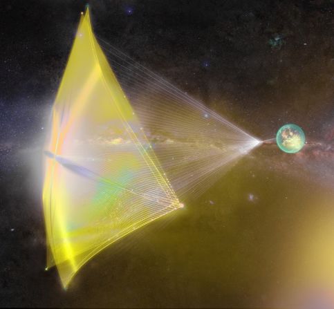 This illustration shows light beams from Earth pushing a tiny spacecraft's sail. The proposed Breakthrough <a href="index.php?page=&url=https%3A%2F%2Fedition.cnn.com%2F2016%2F04%2F12%2Fus%2Fbreakthrough-starshot-space-probe-stephen-hawking-feat%2Findex.html" target="_blank">Starshot project </a>would send hundreds of "nanocraft" space probes 4.37 light years away -- at speeds of up to 100 million miles an hour -- to to explore Alpha Centauri, our nearest star system. Proposed in 2016, the ambitious project is many years away from becoming reality.