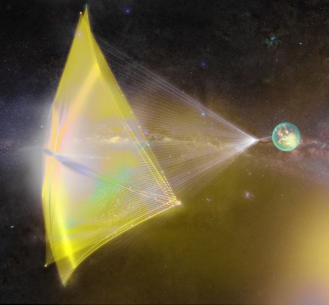 This illustration shows light beams from Earth pushing a tiny spacecraft's sail. The proposed Breakthrough Starshot project would send hundreds of "nanocraft" space probes 4.37 light years away -- at speeds of up to 100 million miles an hour -- to to explore Alpha Centauri, our nearest star system. The ambitious project is many years away from becoming reality.