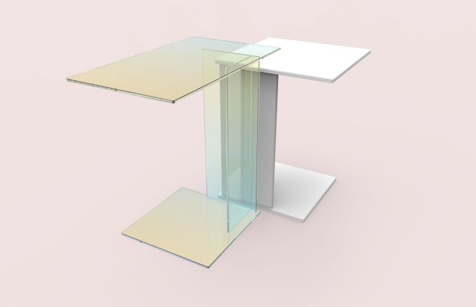 Kukka is launching two tables, ABCD (seen here) and O, in collaboration with <a  target="_blank" target="_blank">Caesarstone</a> and <a  target="_blank" target="_blank">Prinz Optics GmbH</a>. The collection features reclaimed quartz slabs from the former and German-made dichroic glass from the latter. Together, the two materials create an interesting dialogue.