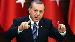 Turkish President Recep Tayyip Erdogan delivers a speech during a ceremony on the occasion of 171st anniversary of foundation of the Turkish National Police at the Presidential Complex in Ankara, on April 7, 2016.