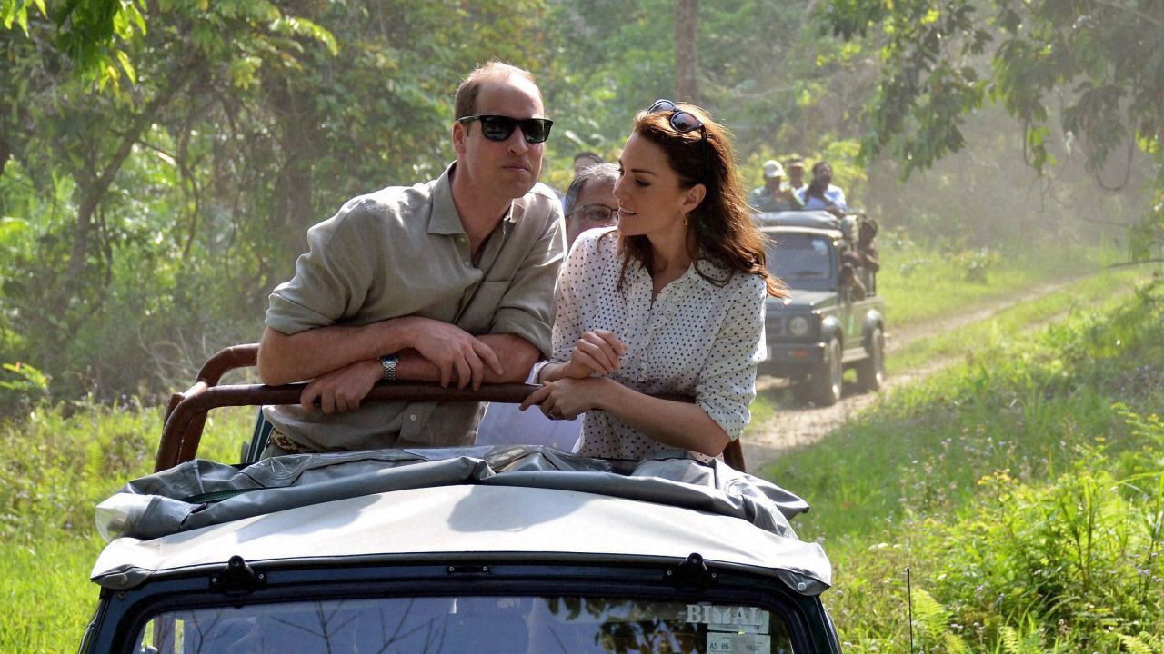 The royal couple takes an open vehicle safari inside Kaziranga National Park on April 13. They spent several hours at the park in hopes of drawing attention to endangered animals, including the park's 2,200 one-horned rhinos.
