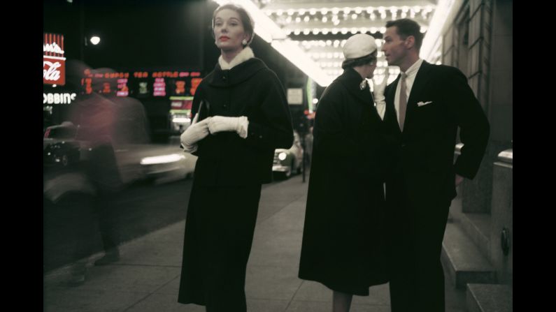 Models stand beneath a theater marquee in 1954. "This frame, from a fashion shoot by photographer Sy Kattelson, never ended up running in Glamour magazine as originally intended," Ahern said. "Back in the day, the editors opted for a much more formulaic take with models fully posed and looking to the camera. But with a turn of a head and with a split-second of informality, this frame transgresses the fashion shoot and gives us an alternate moment of chic street-style elegance."