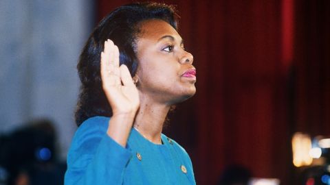 Law professor Anita Hill takes an oath October 12, 1991, before the Senate Judiciary Committee in Washington.