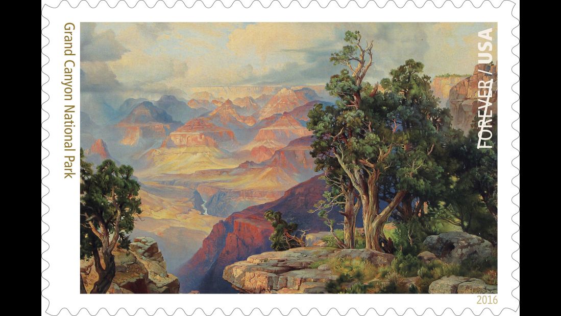 The Grand Canyon is 277 river miles long, up to 18 miles wide and one mile deep in parts. The image on the stamp is a detail of a chromolithograph-on-canvas, "The Grand Canyon of Arizona, from Hermit Rim Road," by artist Thomas Moran (1837--1926).