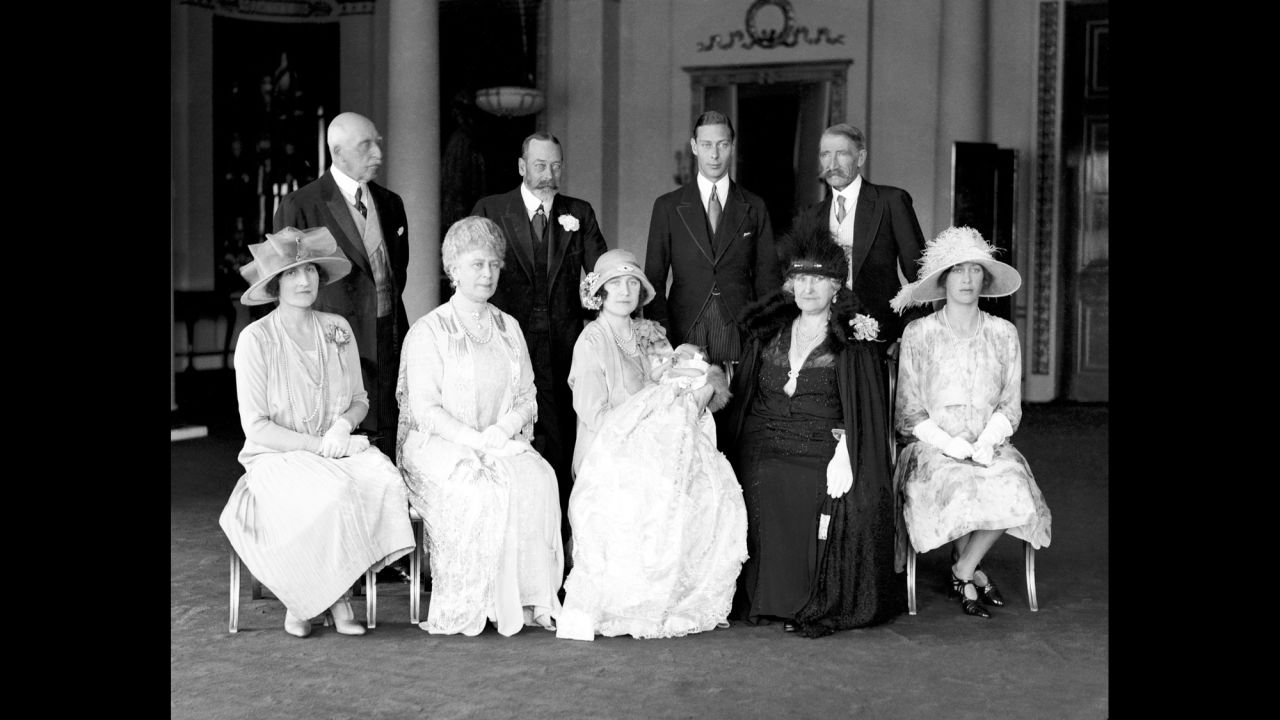Family photo on the day of the christening of Princess Elizabeth on May 29, 1926. The Duke of Connaught, back row left, King George V, the Duke of York and the Earl of Strathmore. Lady Elphinstone, front row left, Queen Mary, the Duchess of York with Princess Elizabeth, the Countess of Strathmore and Princess Mary.
