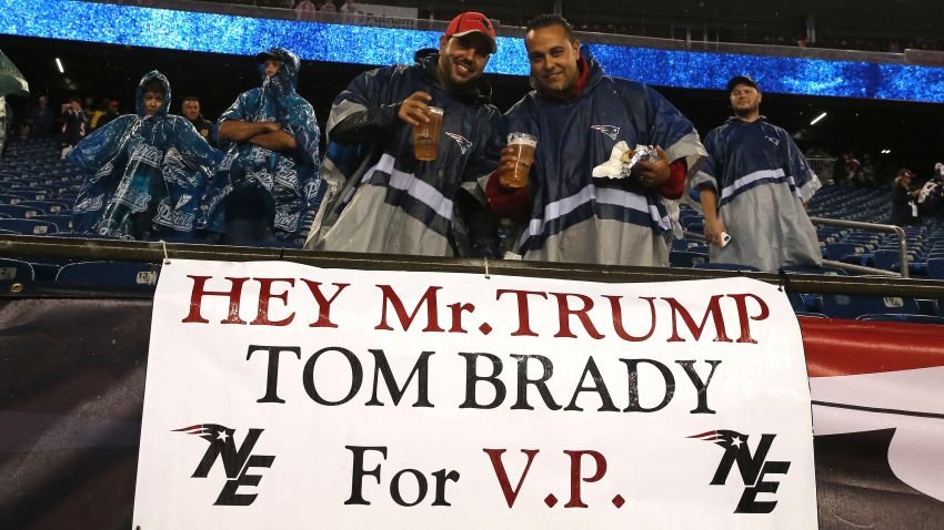 FOXBORO, MA - SEPTEMBER 10: Fans stand with a sign stating "Hey Mr. Trump Tom Brady for V.P." before the game between the New England Patriots and the Pittsburgh Steelers at Gillette Stadium on September 10, 2015 in Foxboro, Massachusetts.  (Photo by Jim Rogash/Getty Images)