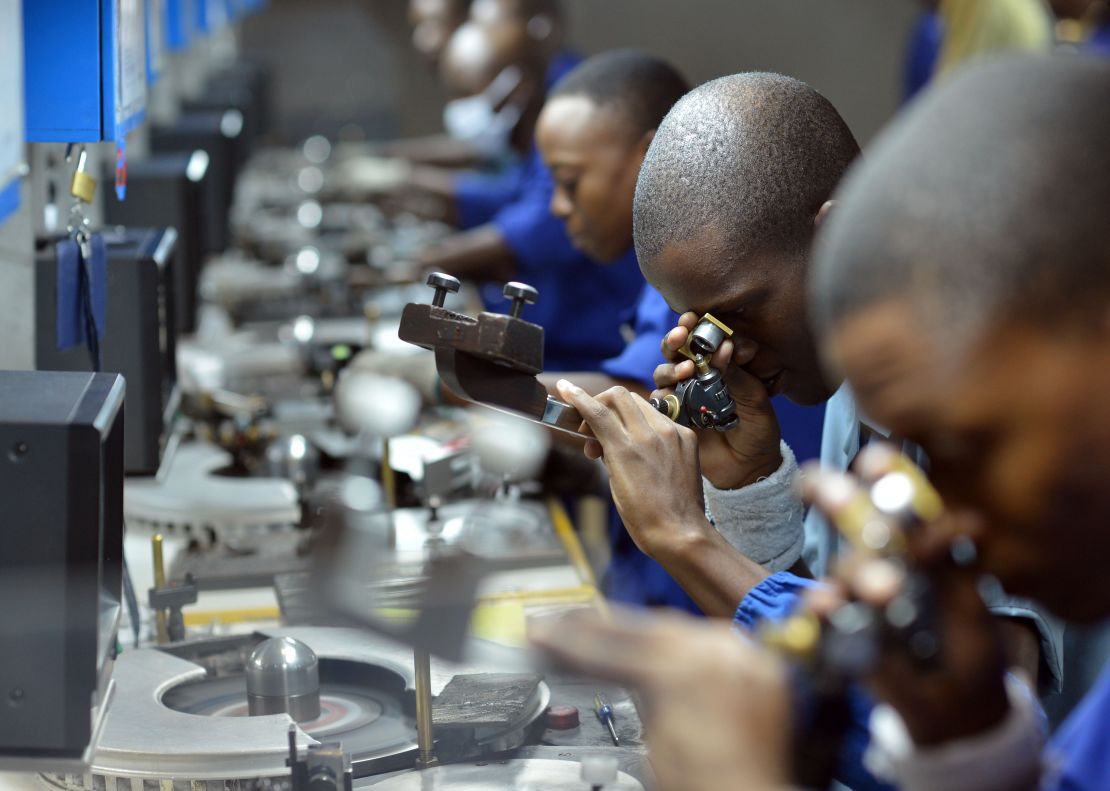 A diamond polishing factory in Botswana, part of a high-skill industry that has been developed from the nation's raw materials. 