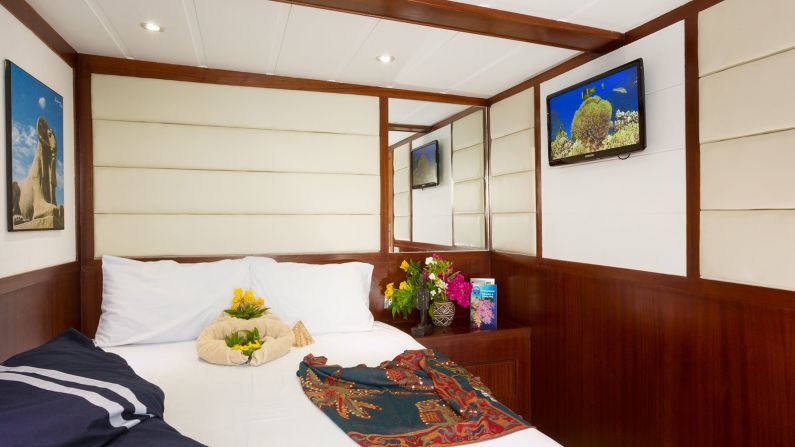 Each cabin on the Red Sea Aggressor has a flat-screen TV with a selection of 400 movies and TV shows. 