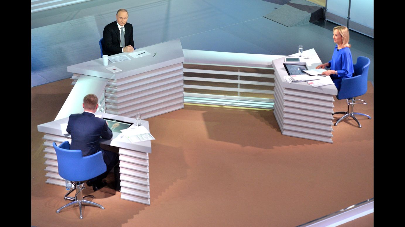 Russian President Vladimir Putin, top left, takes citizens' questions during <a href="http://www.cnn.com/2016/04/14/europe/putin-question-session/" target="_blank">his annual question-and-answer session</a> on Thursday, April 14. The televised event in Moscow lasted three and a half hours, and Putin addressed a variety of topics, including the Panama Papers, Syria, U.S. President Barack Obama and doping in sports.