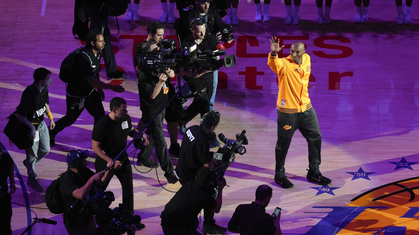 NBA star Kobe Bryant waves to the crowd in Los Angeles before playing the final game of his 20-year career on Wednesday, April 13. Bryant, the third-leading scorer in NBA history, <a href="http://www.cnn.com/2016/04/13/sport/kobe-bryant-final-game/" target="_blank">finished the game with 60 points</a> and rallied the Lakers to a comeback victory against Utah.