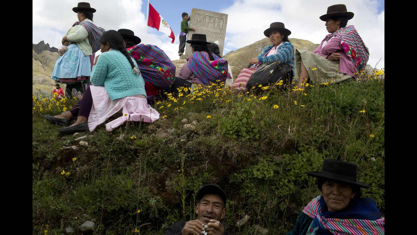 Villagers wait for a polling station to open in Uchuraccay, Peru, on Sunday, April 10.