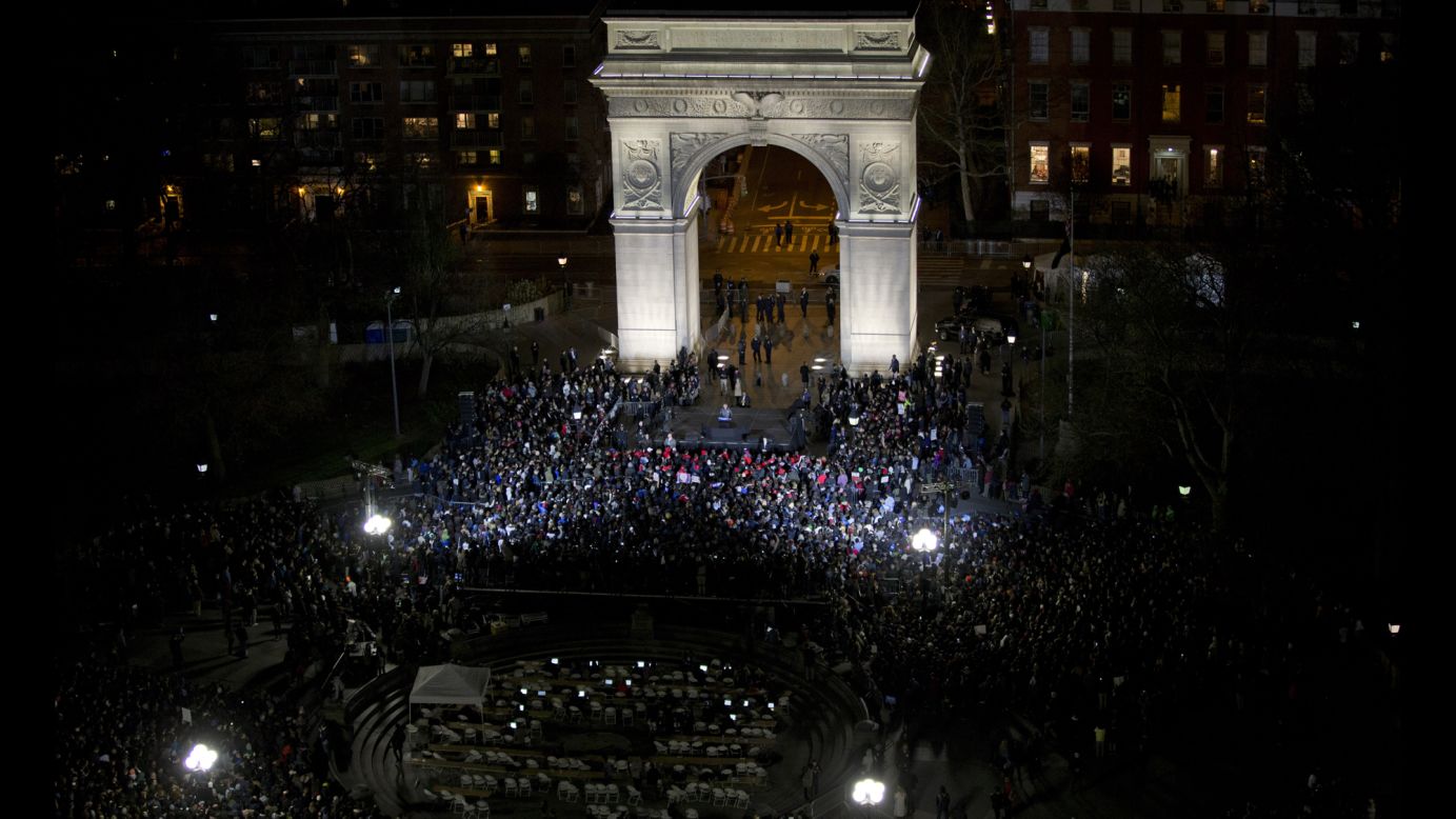 U.S. Sen. Bernie Sanders, who is seeking the Democratic Party's presidential nomination, speaks during a campaign rally in New York's Washington Square on Wednesday, April 13.