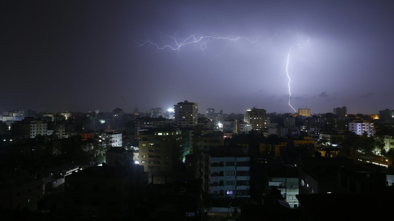 Lightning is seen over Gaza City during a late-night storm on Sunday, April 10.