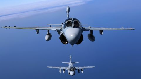 Two EA-6B Prowlers belonging to each Prowler squadron aboard Marine Corps Air Station Cherry Point conducted a "Final Four" division flight aboard the air station March 1, 2016. The "Final Four" flight is the last time the Prowler squadrons will be flying together before the official retirement of Marine Tactical Electronic Warfare Training Squadron 1 at the end of Fiscal Year 16 and the eventual transition to "MAGTF EW". MAGTF EW is a more distributed strategy where every platform contributes to the EW mission, enabling relevant tactical information to move throughout the electromagnetic spectrum and across the battlefield faster than ever before. (U.S. Marine Corps photo by Cpl. N.W. Huertas/Released)