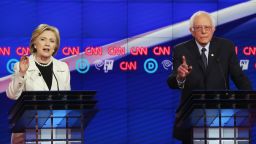 Democratic Presidential candidates Hillary Clinton and Sen. Bernie Sanders (D-VT) debate during the CNN Democratic Presidential Primary Debate at the Duggal Greenhouse in the Brooklyn Navy Yard on April 14, 2016 in New York City. 