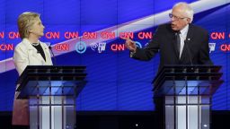 Democratic presidential candidates Sen. Bernie Sanders and Hillary Clinton face off during the CNN Democratic Presidential Primary Debate at the Brooklyn Navy Yard on Thursday, April 14, 2016 in New York.