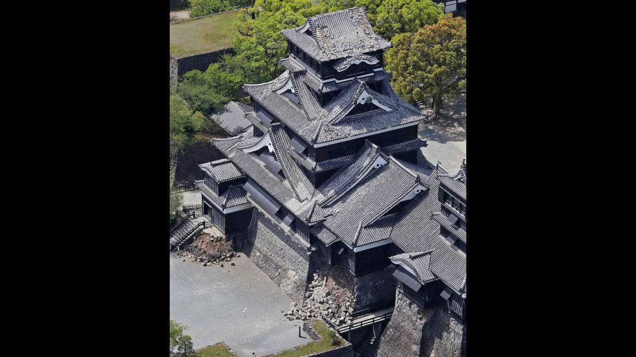 An aerial view shows damage at Kumamoto Castle on April 15.