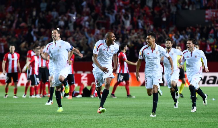 <strong>Never gets old: </strong>Sevilla players celebrate victory after a penalty shootout during the Europa League quarterfinal, second leg tie against Athletic Bilbao on April 14, 2016 in Seville, Spain. 