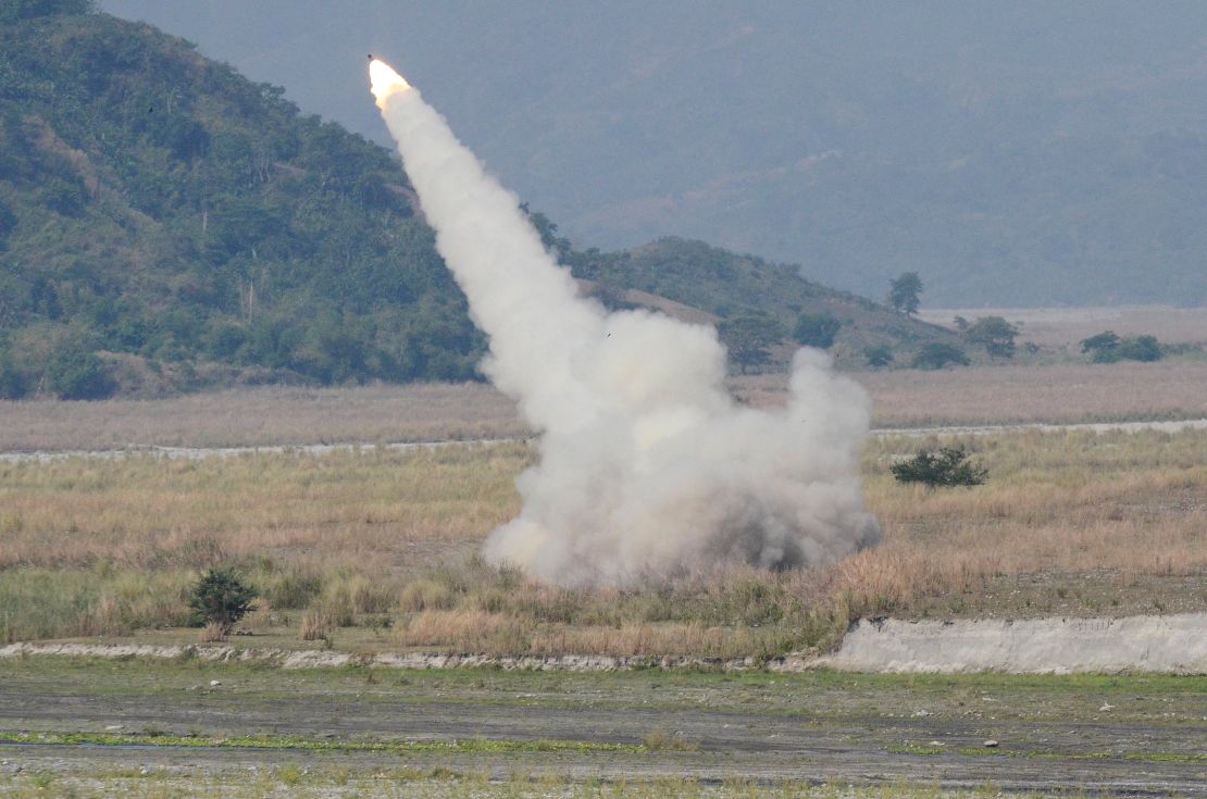 A HIMARS (High Mobility Advanced Rocket System) fires at a target during the annual joint military exercises.