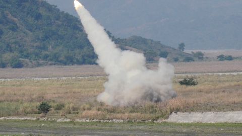 A HIMARS (High Mobility Advanced Rocket System) fires at a target during the annual joint military exercises.