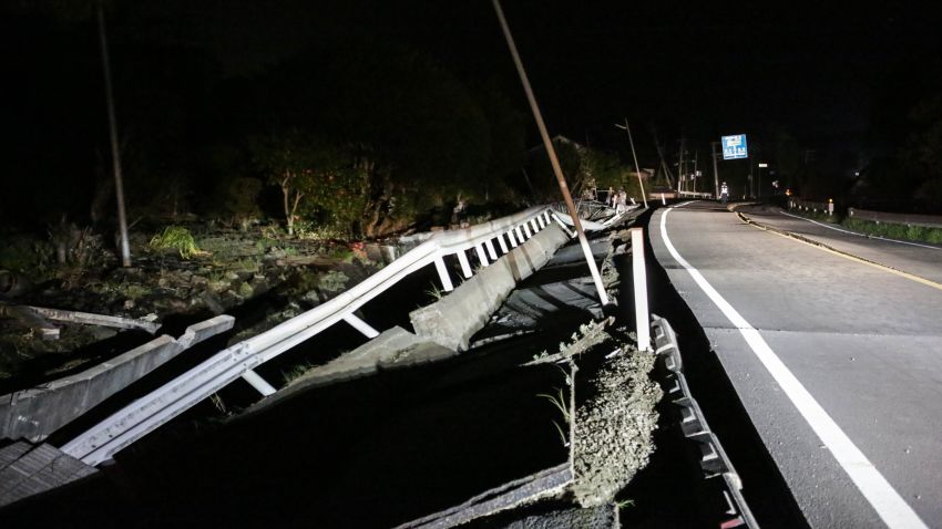 A road damaged by the 7.0 magnitude earthquake is seen on April 16, 2016 in Mashiki, Kumamoto, Japan. 