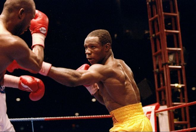Here, Chris Eubank Sr. is pictured fighting his great rival, Nigel Benn, in 1993.<br />