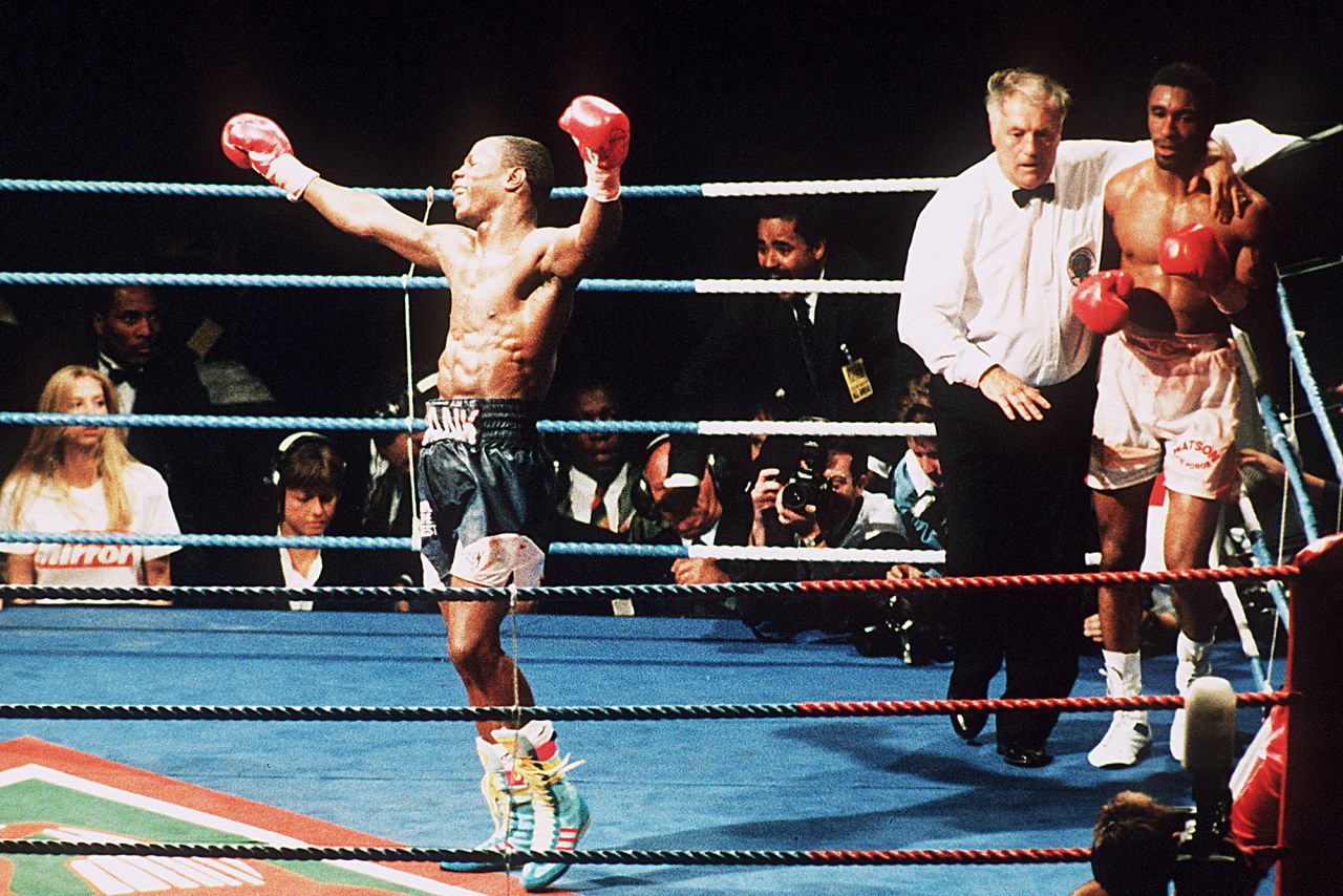 Chris Eubank Sr. celebrates his victory against Michael Watson for the WBO Middleweight title fight in 1991. 