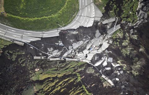 The tremors appear to have caused extensive damage, overturning cars, splitting roads and triggering a landslide, as shown by  CNN affiliate TV Asahi footage. 
