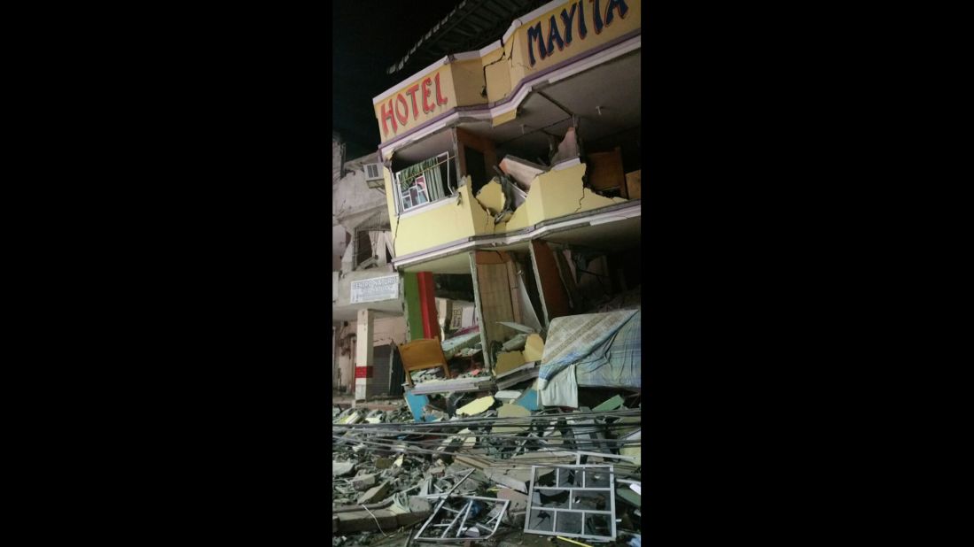An hotel leans after the earthquake in Manta on April 16. 