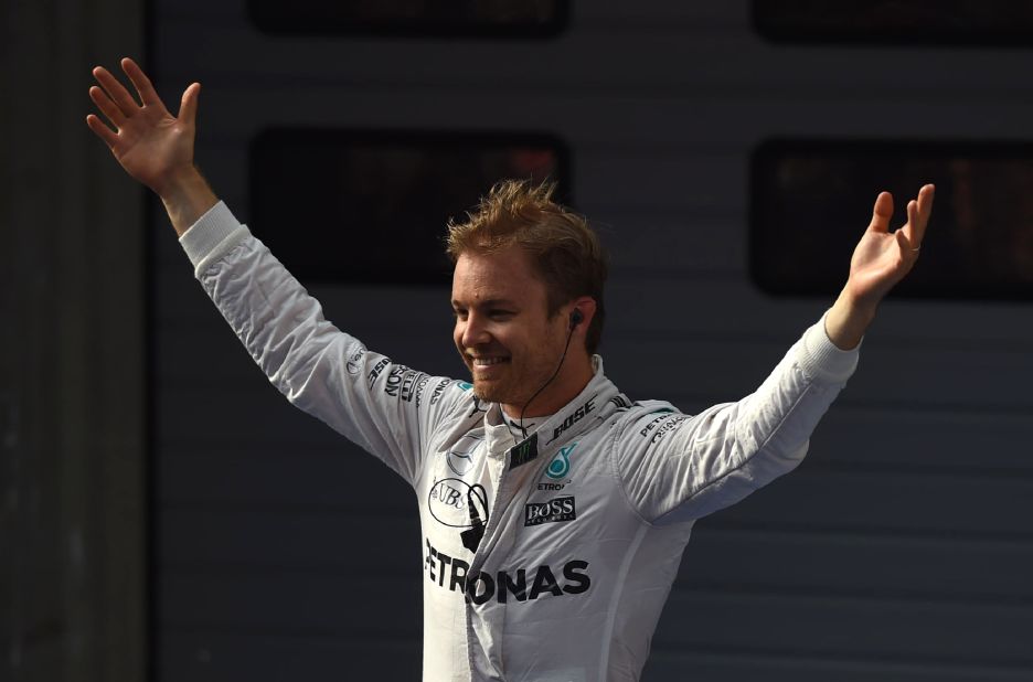 Nico Rosberg celebrates after winning the Chinese Grand Prix in Shanghai for Mercedes.
