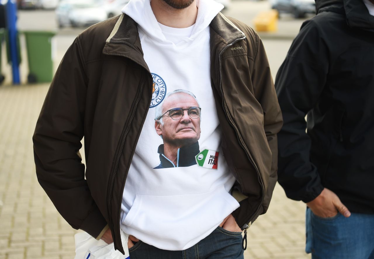  A spectator wears t-shirt with a picture of Leicester manager Claudio Ranieri before th Premier League match between Leicester City and West Ham United at The King Power Stadium. 