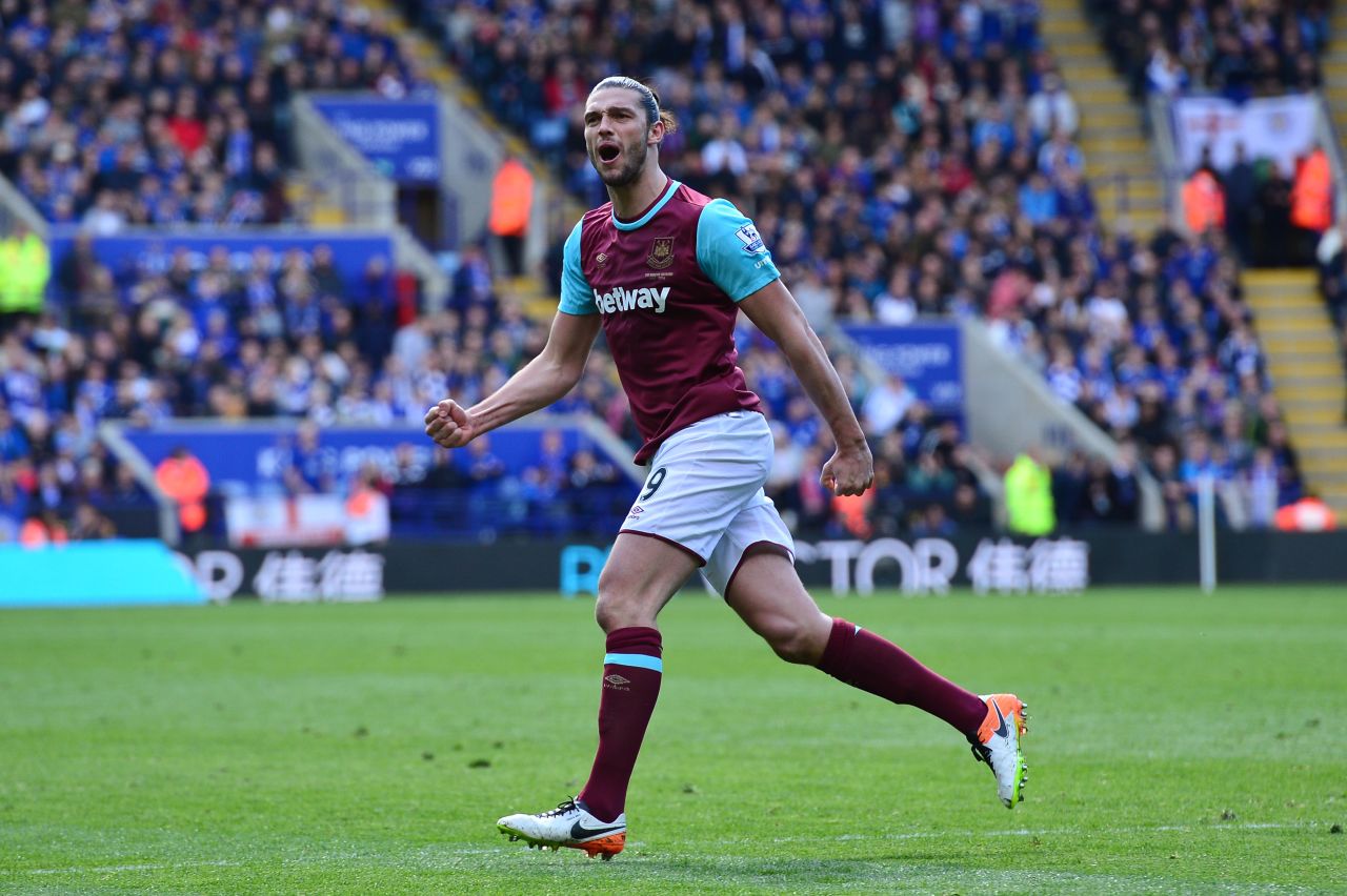  Andy Carroll of West Ham United celebrates after scoring his team's first goal of the game from the penalty spot during the Premier League match between Leicester City and West Ham United.