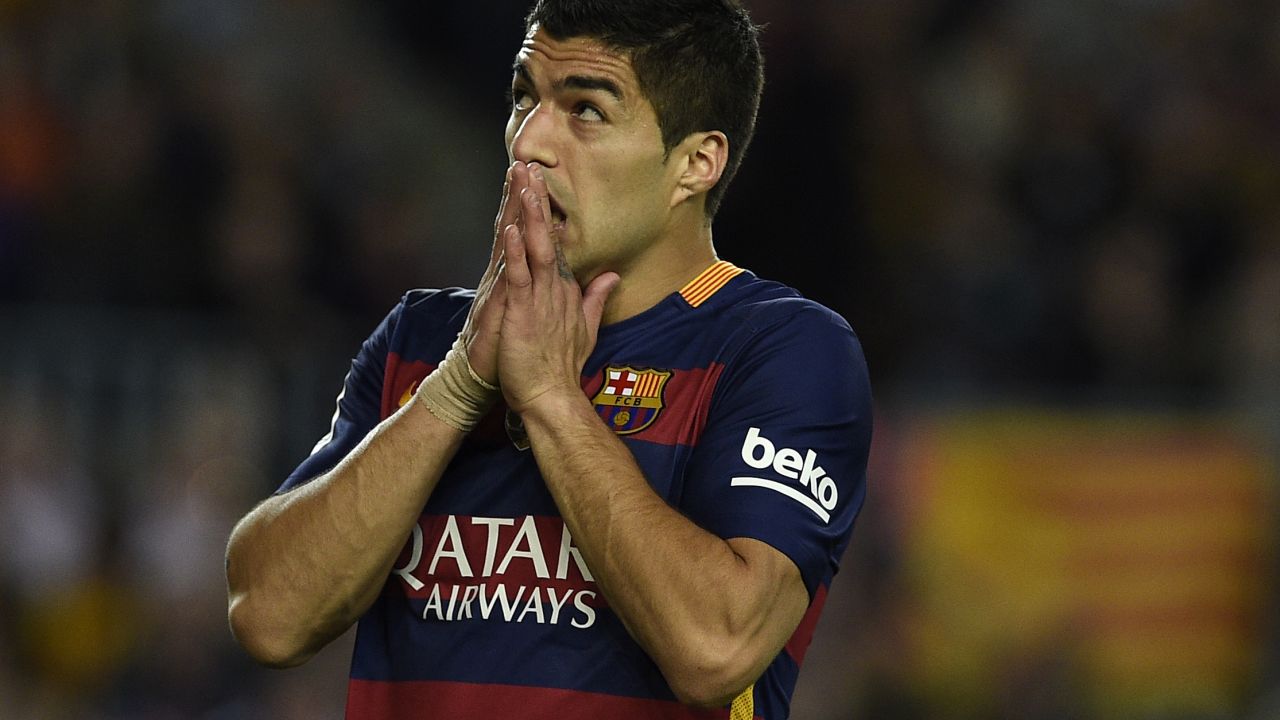 Barcelona's Uruguayan forward Luis Suarez looks on in disbelief as his side slips to a 2-1 defeat to Valencia.