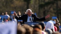 Democratic Presidential candidate Bernie Sanders speaks to throngs of supporters in Prospect Park to hear Democratic Presidential candidate Bernie Sanders speak on April 17, 2016 In the Brooklyn borough of New York City. While Sanders is still behind in the delegate count with Hillary Clinton, he has energized many young and liberal voters around the country. New York holds its primary this Tuesday.